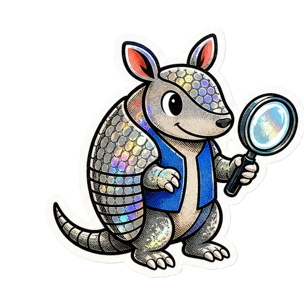 Holographic armadillo SEO analyst holding a magnifying glass